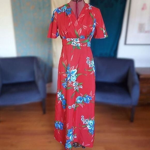 Vtg Royal Hawaiian red floral flutter sleeve faux wrap maxi dress - Picture 1 of 9